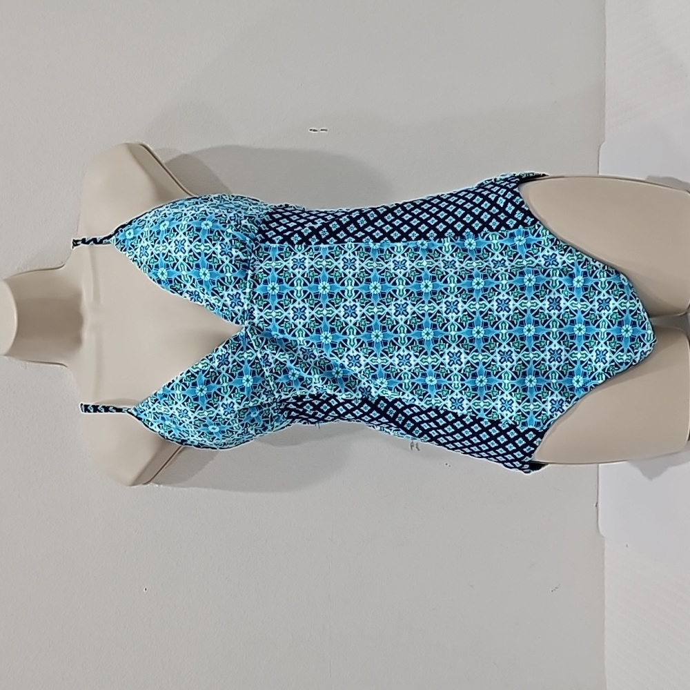 Lands End Swimsuit Tank On- Piece Bathing Suite Blues Bold Print Size 12 L